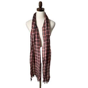 J CREW Wool Scarf Plaid Red White Gray Warm Fringe Outerwear Reversible‎